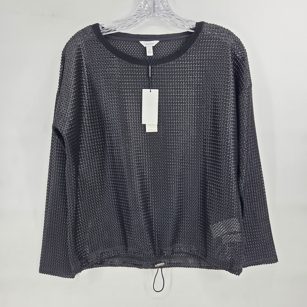 Calvin Klein Mesh Top Size S Black Minimalist Bungee Hem Long Sleeve